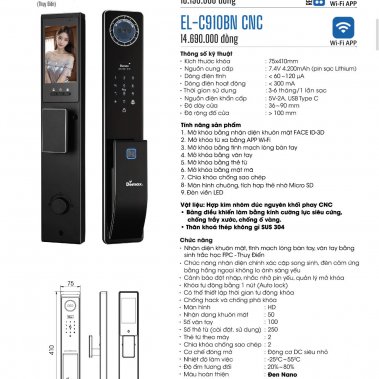 KHÓA THÔNG MINH NHẬN DIỆN KHUÔN MẶT FACE ID-3D EL-C910BN CNC / EL-C910CB CNC