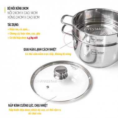 Bộ Nồi Inox Cao Cấp 5 Chiếc Fivestar Nắp Kính