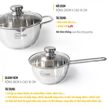 Bộ Nồi Inox Cao Cấp 5 Chiếc Fivestar Nắp Kính