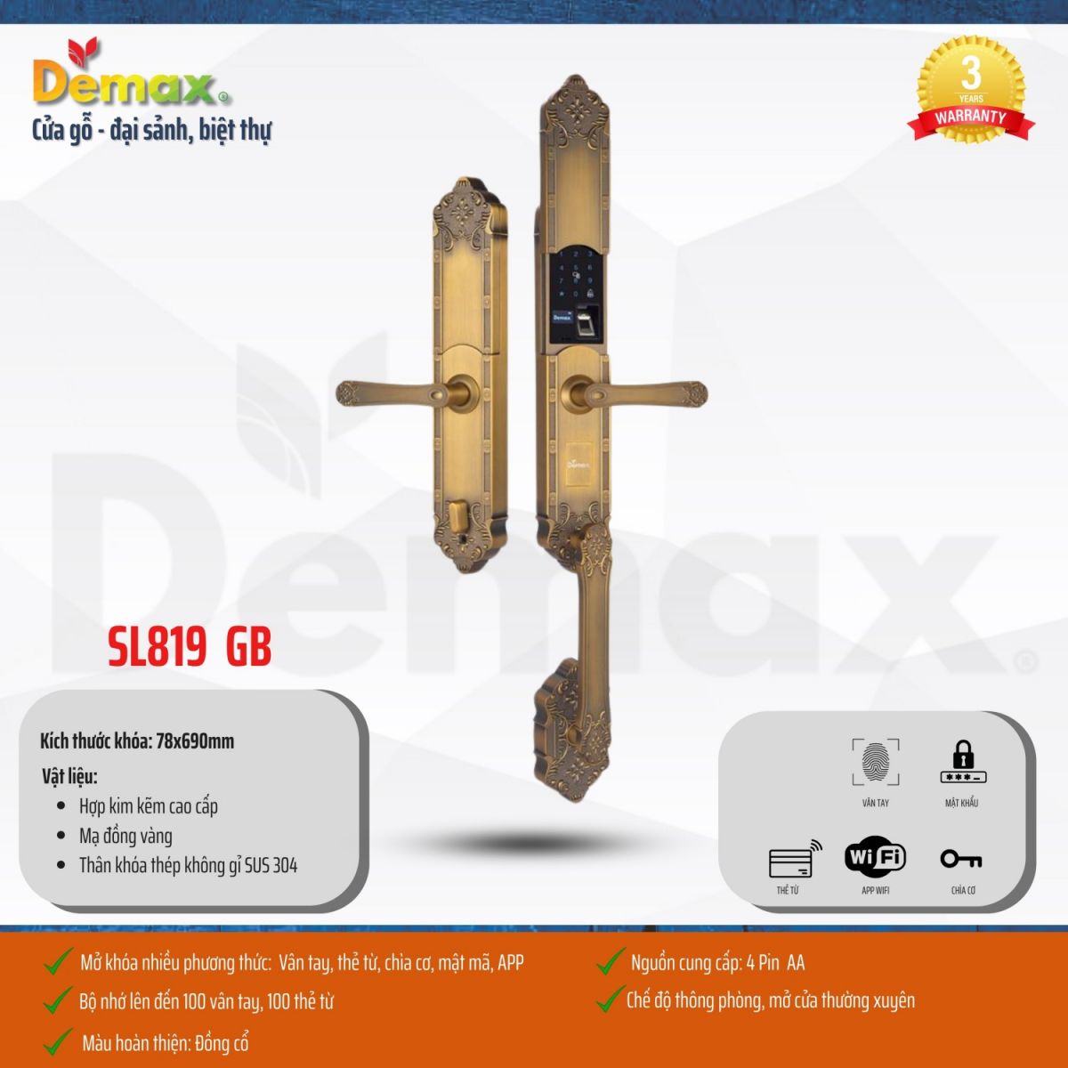 Khóa thông minh đại sảnh - biệt thự Demax SL819 GB - APP WIFI