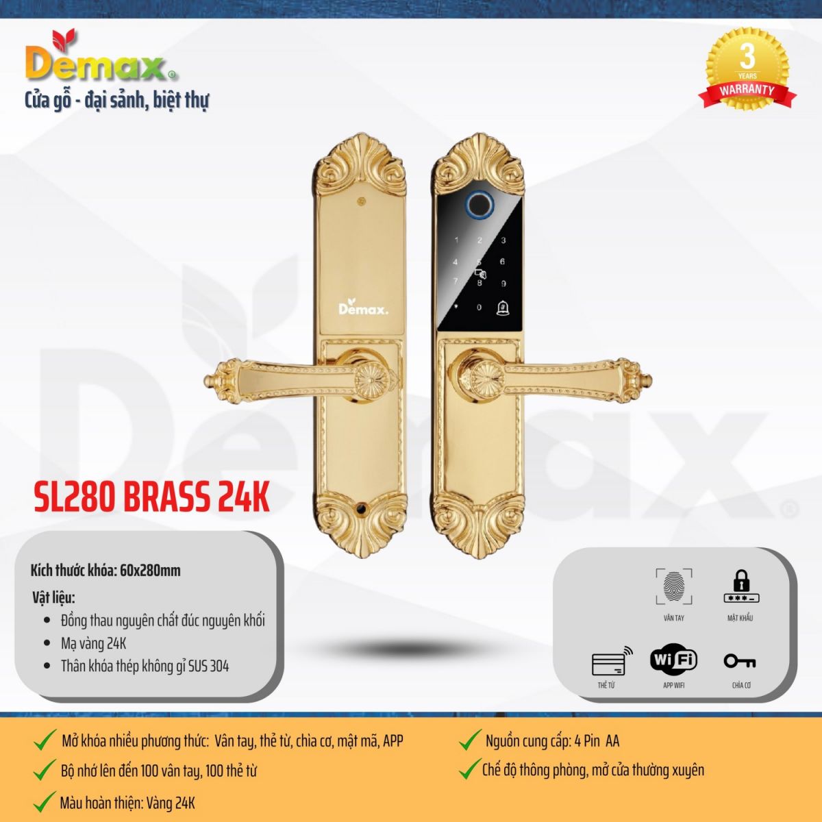 Khóa thông minh đại sảnh - biệt thự Demax SL280 24K BRASS