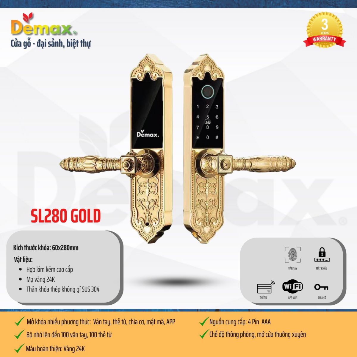 Khóa thông minh đại sảnh - biệt thự Demax SL280 Gold App