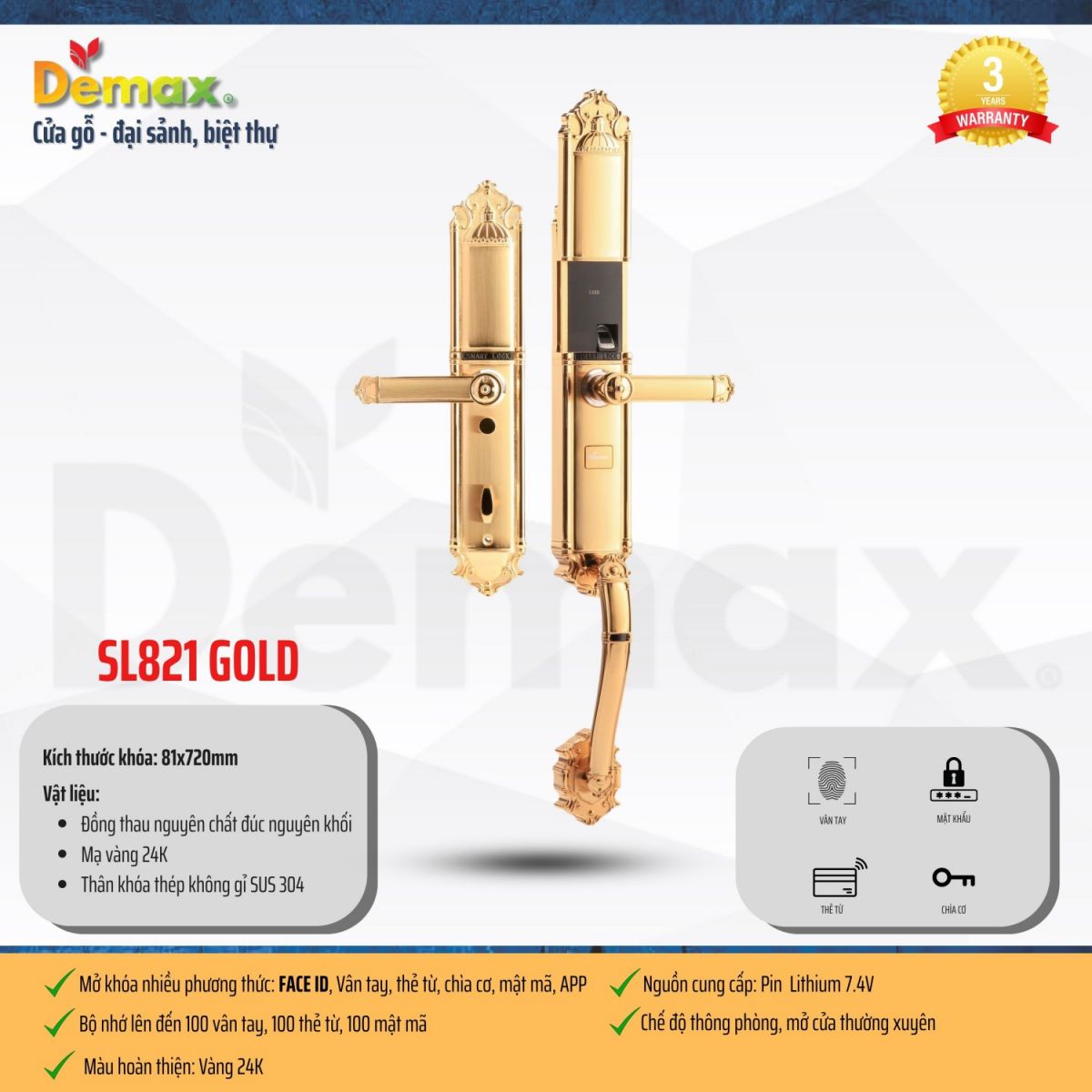 Khóa thông minh đại sảnh - biệt thự Demax SL821 GOLD APP