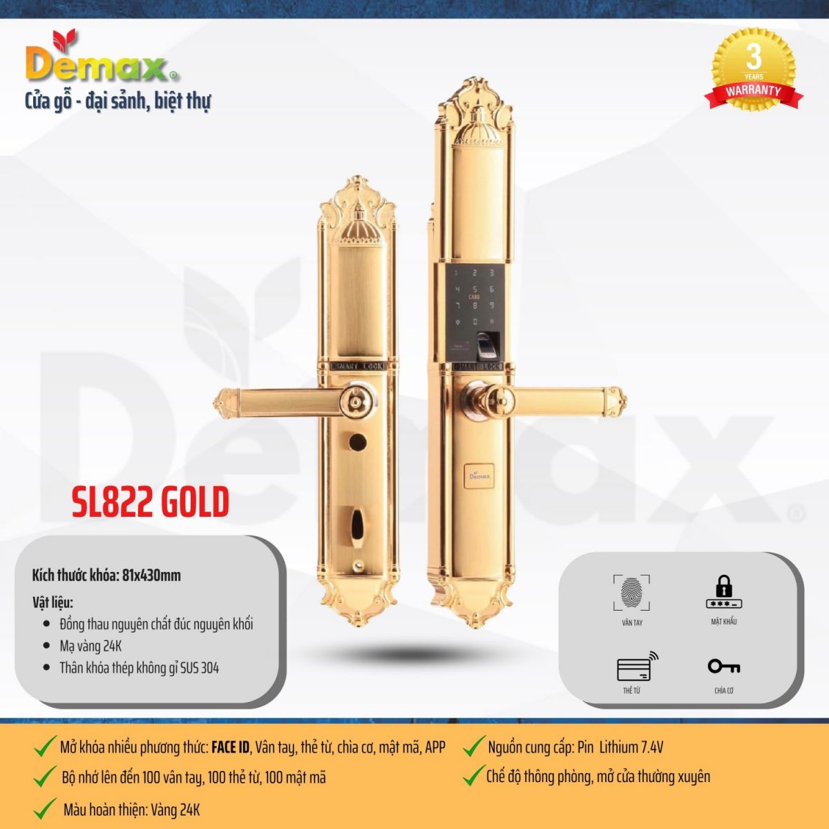 Khóa thông minh đại sảnh - biệt thự Demax SL822 GOLD APP