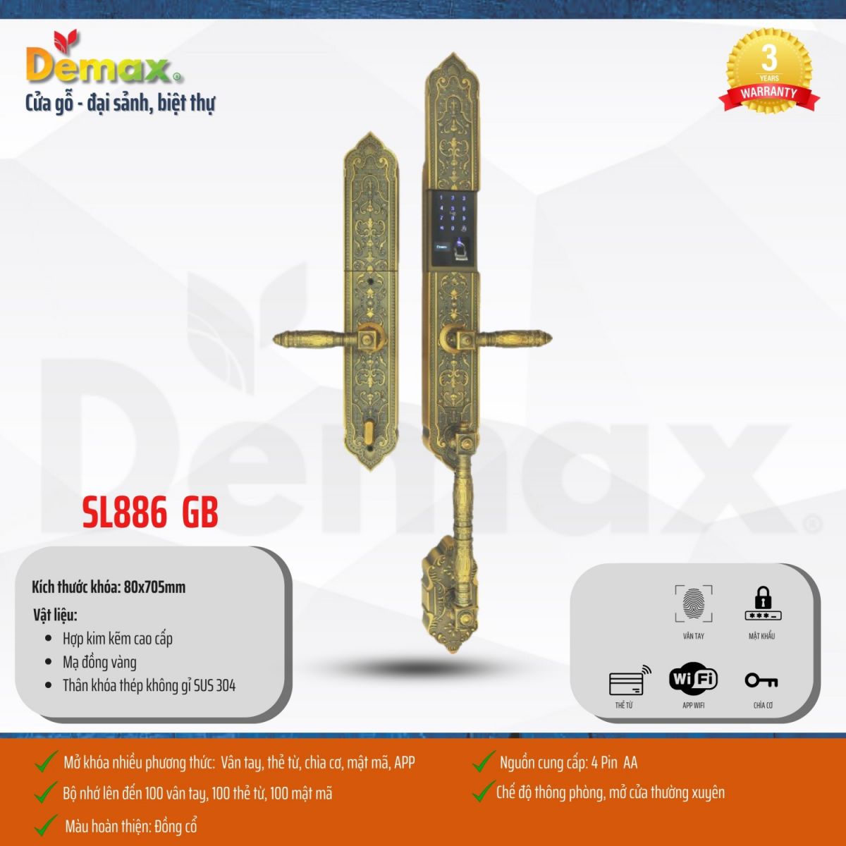 Khóa thông minh đại sảnh - biệt thự Demax SL886 GB - APP WIFI